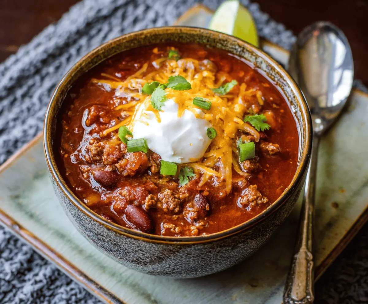 Creamy Instant Pot Chili in a bowl topped with shredded cheese and fresh herbs, served with cornbread on the side.