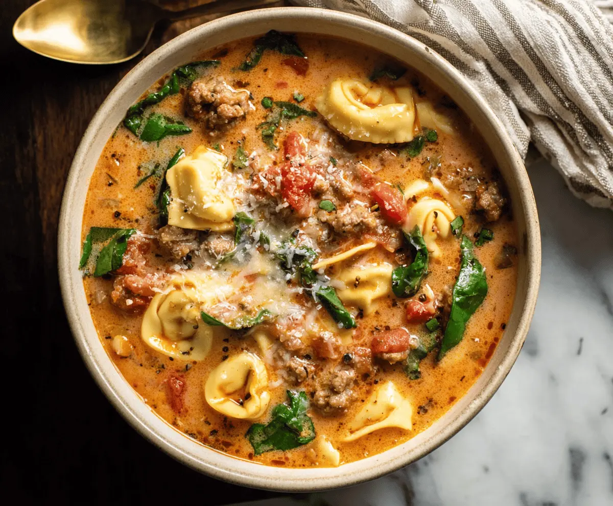 A bowl of hearty Italian Sausage Tortellini Soup featuring savory sausage, tender tortellini, fresh herbs, and vegetables in a flavorful broth