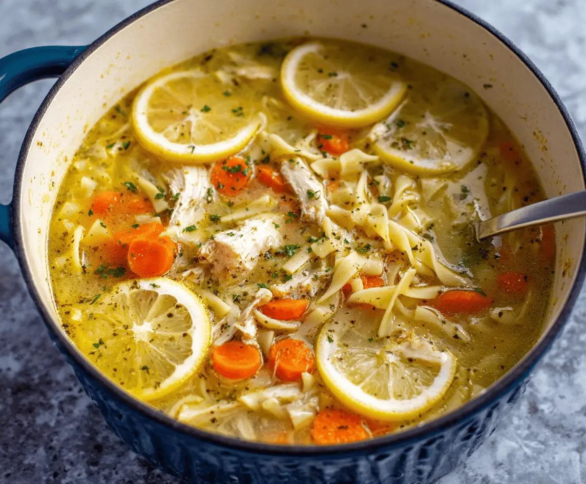 A bowl of Lemon Pepper Chicken Noodle Soup topped with fresh herbs and lemon slices, featuring tender chicken, noodles, and colorful vegetables in a flavorful broth.