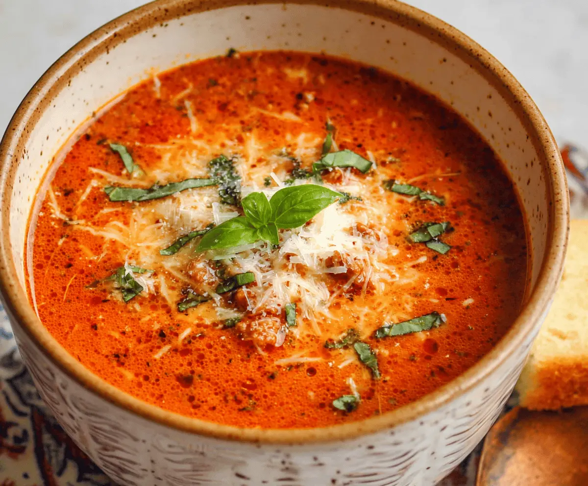 A delicious bowl of low-carb lasagna soup topped with melted cheese, fresh basil, and sliced zucchini, served in a rustic white bowl on a wooden table.
