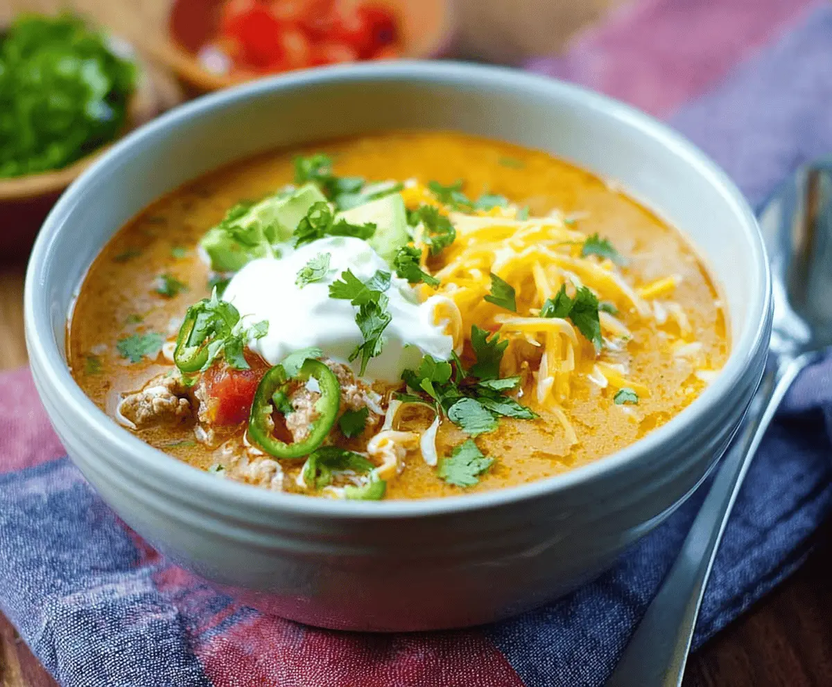 Delicious low-carb taco soup garnished with shredded cheese, fresh cilantro, and diced tomatoes in a bowl, perfect for a healthy, flavorful meal.