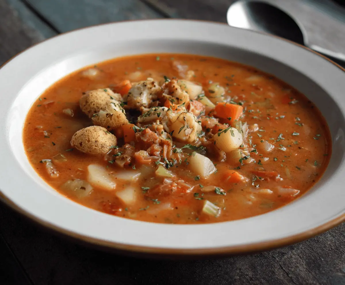 A bowl of hearty Manhattan Clam Chowder with diced tomatoes, clams, vegetables, and fresh herbs, served in a rustic ceramic bowl.