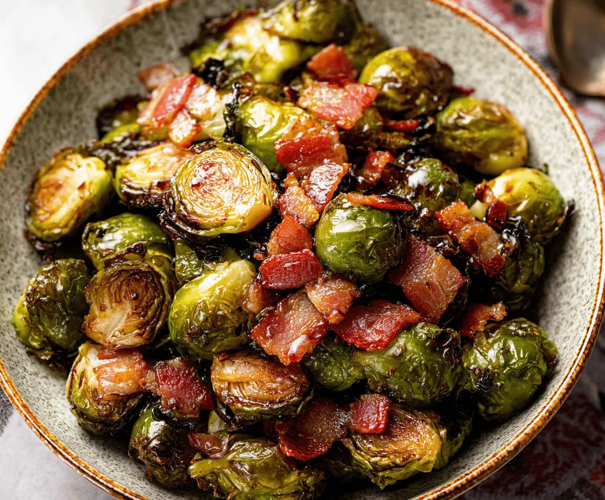 Delicious Maple Balsamic Brussels Sprouts with Crispy Bacon, served as a savory side dish