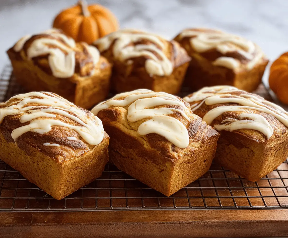 Mini pumpkin cream cheese bread slices topped with a drizzle of icing, perfect for fall dessert or snack