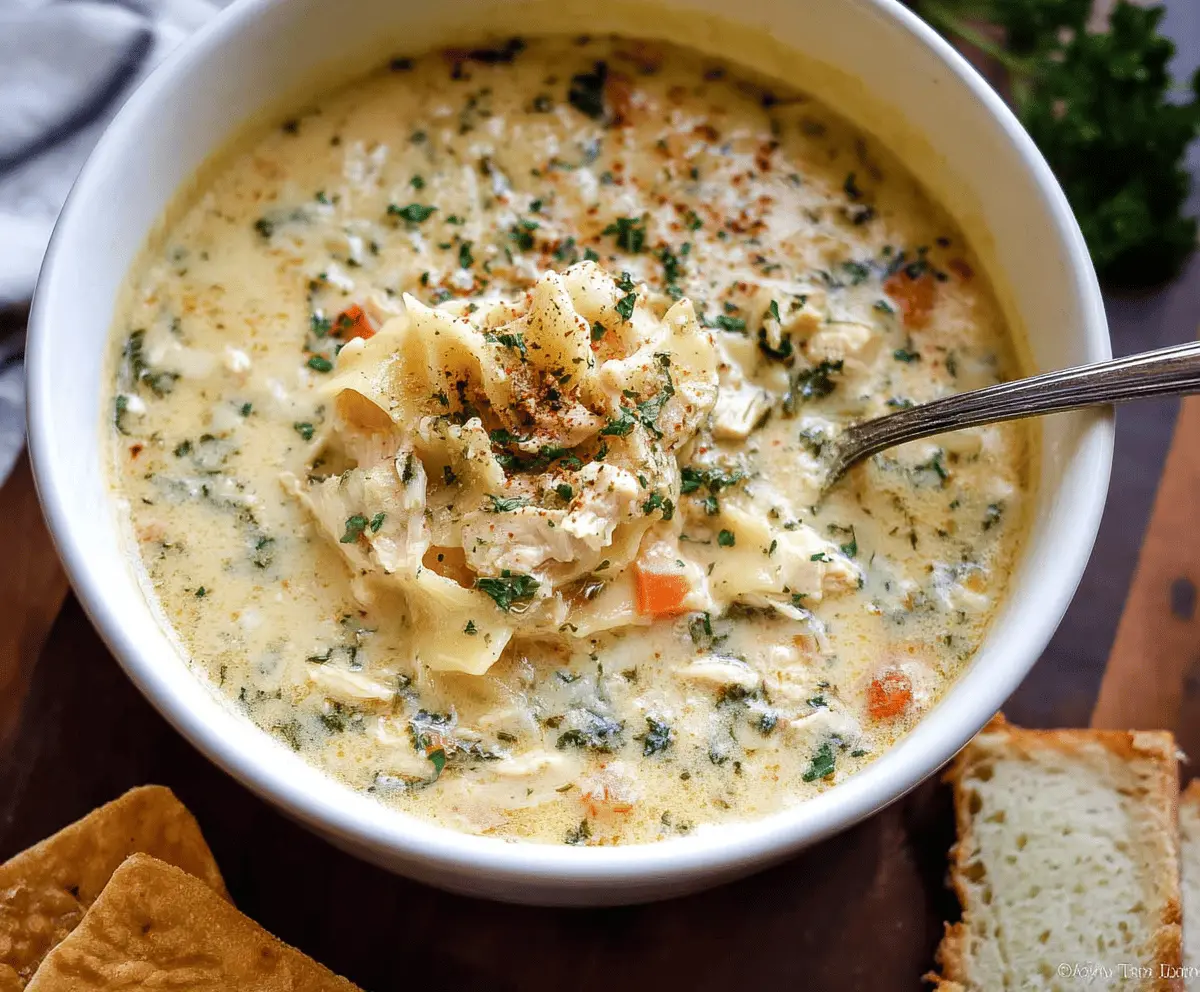 Creamy One-Pot White Chicken Lasagna Soup with shredded chicken, spinach, and melted cheese in a savory broth