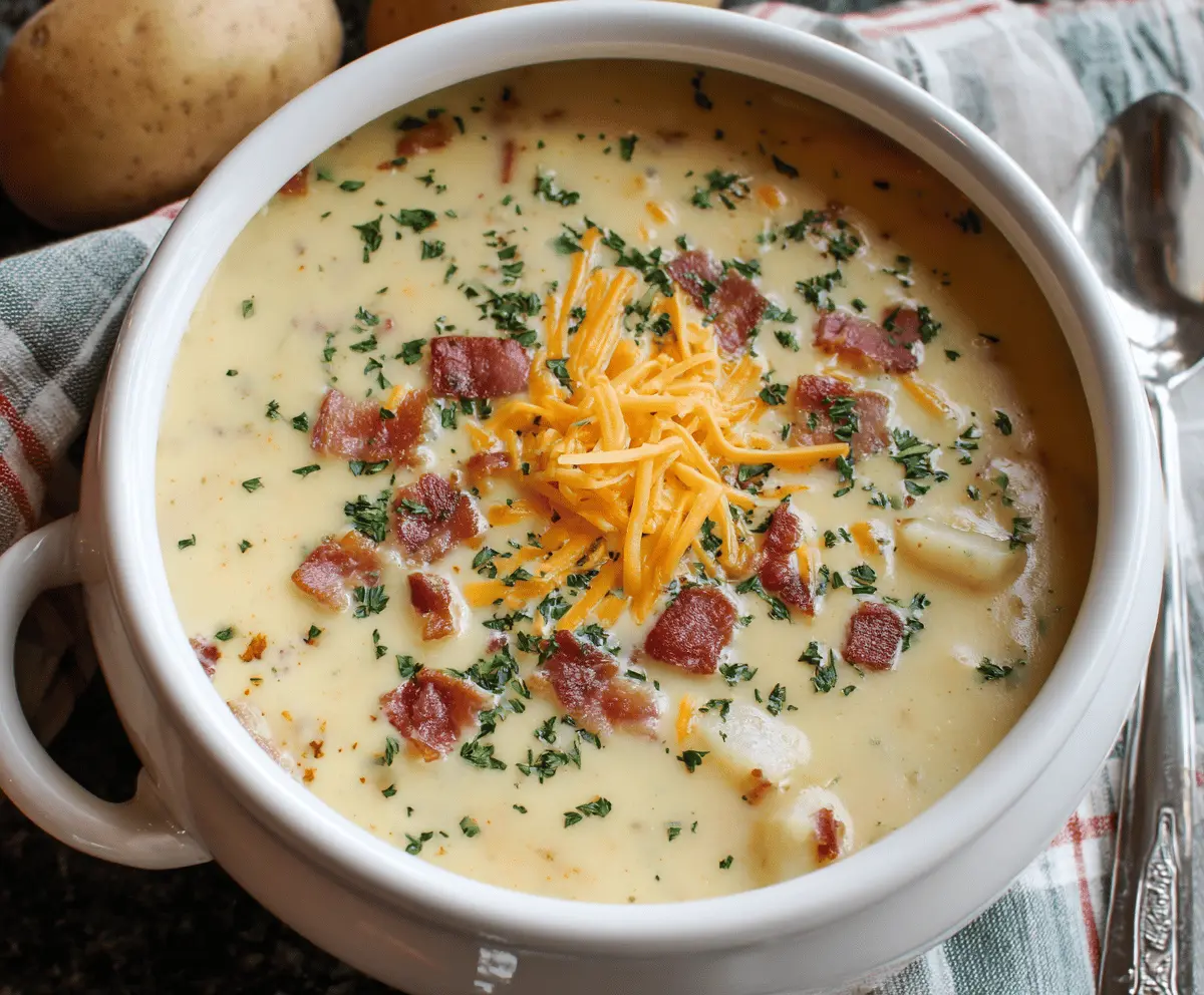 Creamy Outback Potato Soup topped with fresh herbs, served in a bowl, perfect for a hearty and comforting meal.