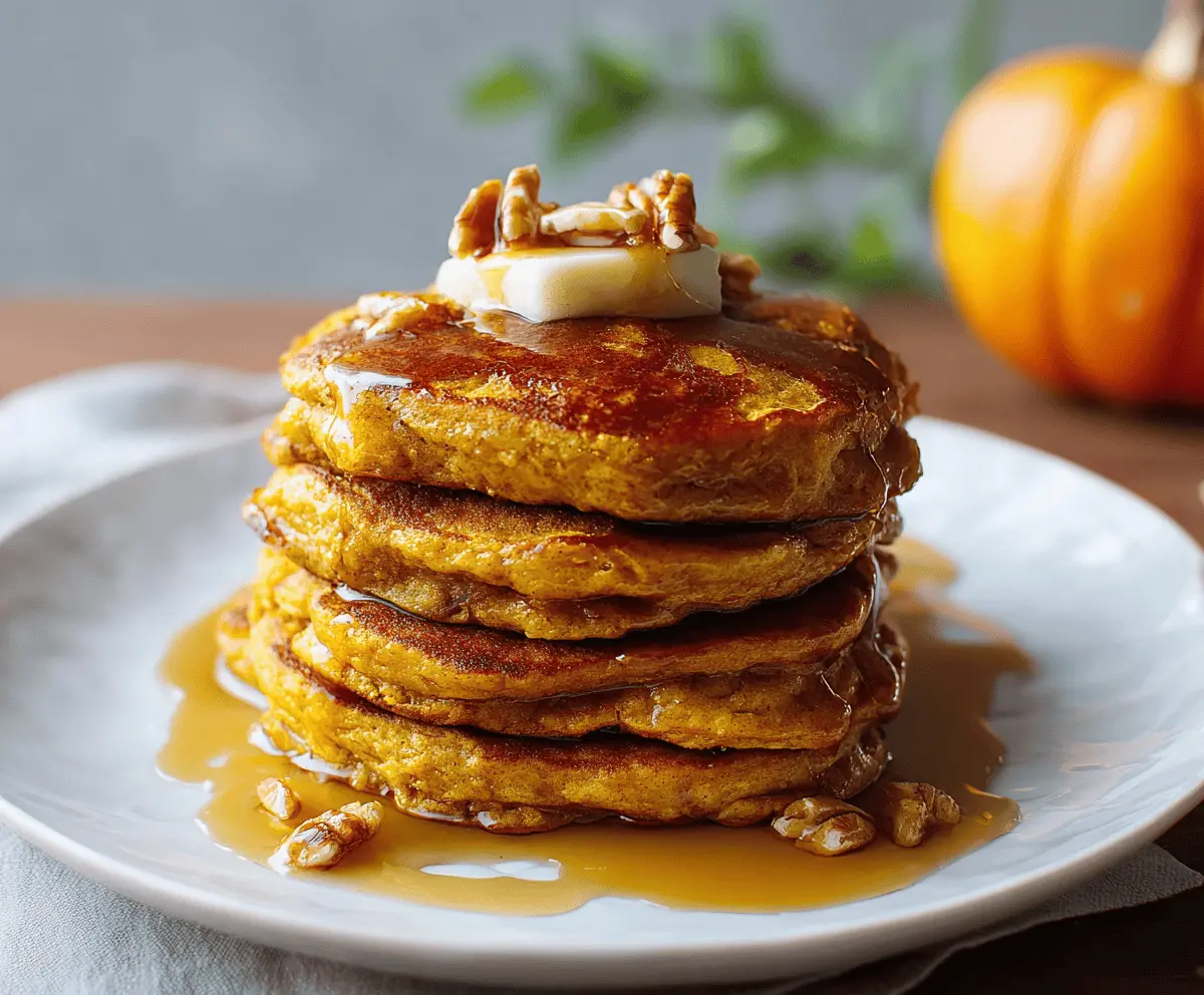 Fluffy pumpkin apple pancakes topped with cinnamon and fresh fruit on a breakfast plate