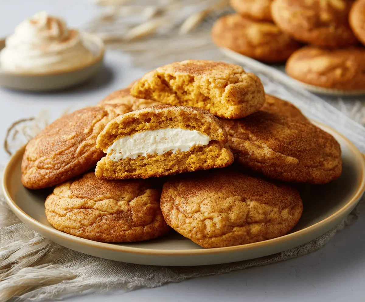 Delicious homemade pumpkin cheesecake cookies with creamy filling and spiced topping on a rustic plate