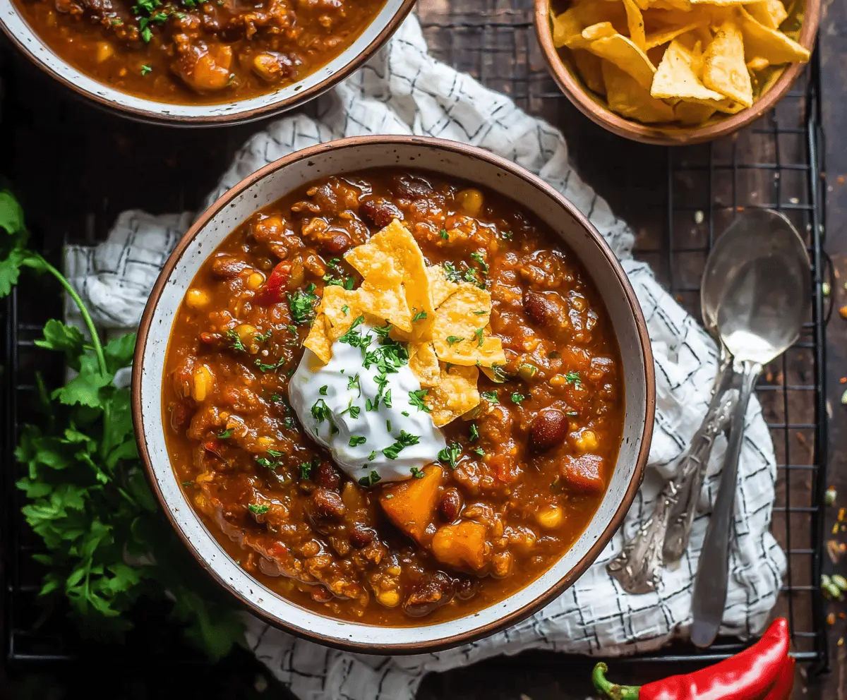 A bowl of hearty pumpkin chili topped with fresh herbs and garnishes, served with bread on a rustic wooden table.