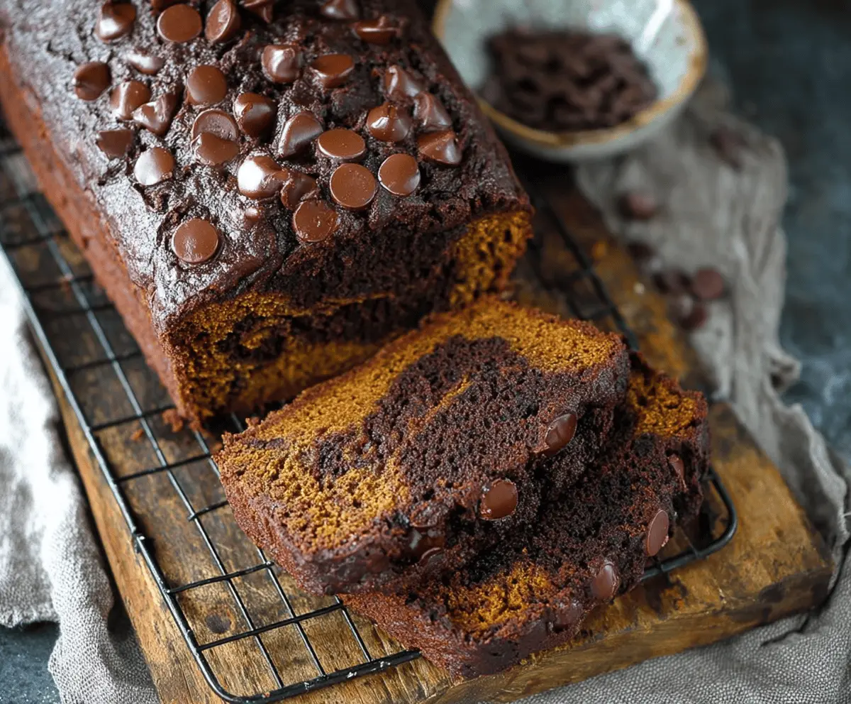 Delicious homemade pumpkin chocolate bread with a moist texture, featuring rich chocolate swirls and topped with a sprinkle of chocolate chips, perfect for fall desserts and quick baking treats.
