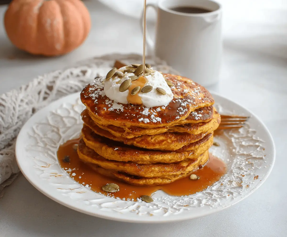 Delicious homemade pumpkin cottage cheese pancakes topped with fresh fruit and maple syrup on a plate, perfect for a cozy breakfast.
