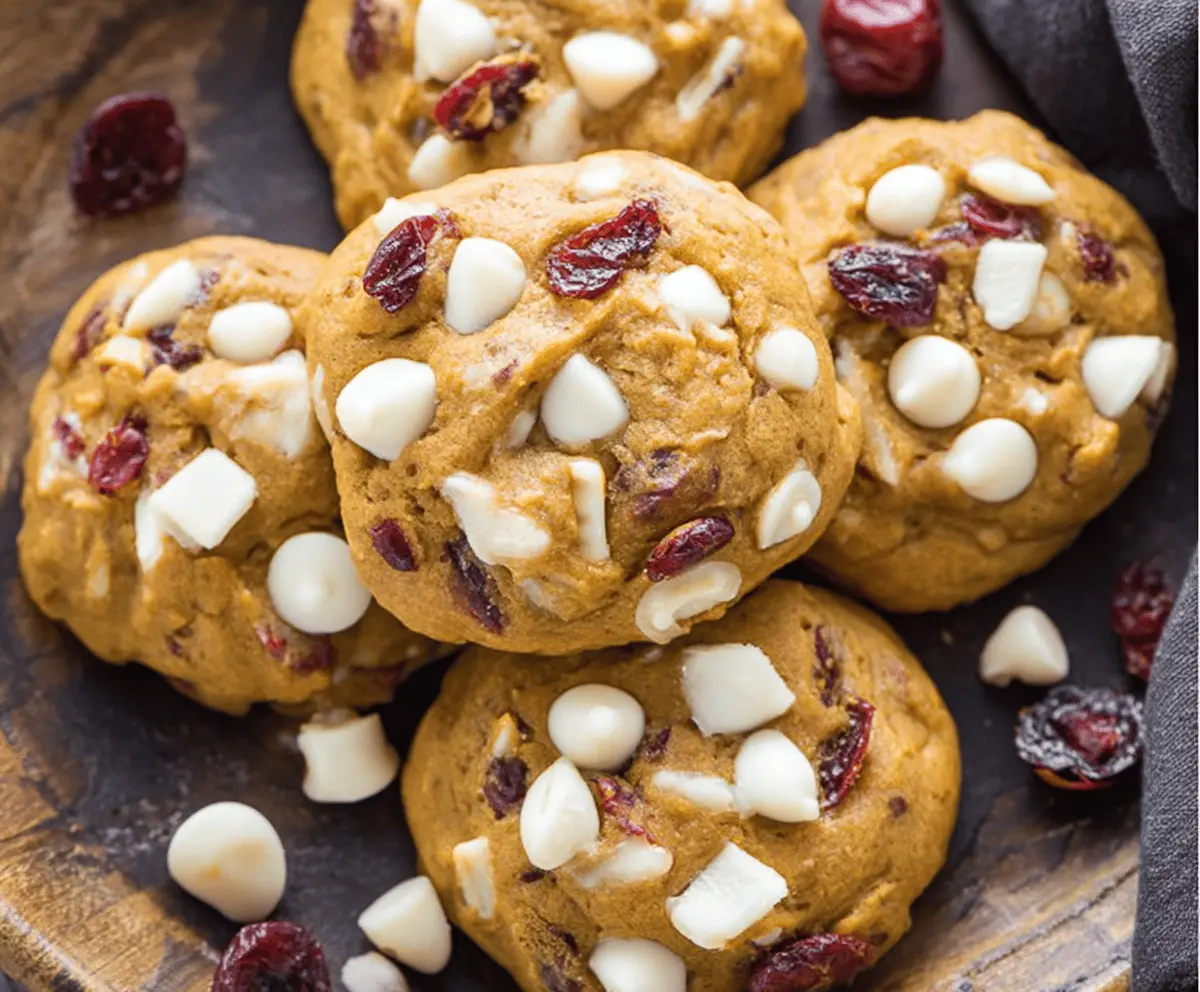 Delicious Pumpkin Cranberry White Chocolate Cookies with a golden-brown crust and festive toppings on a rustic baking tray
