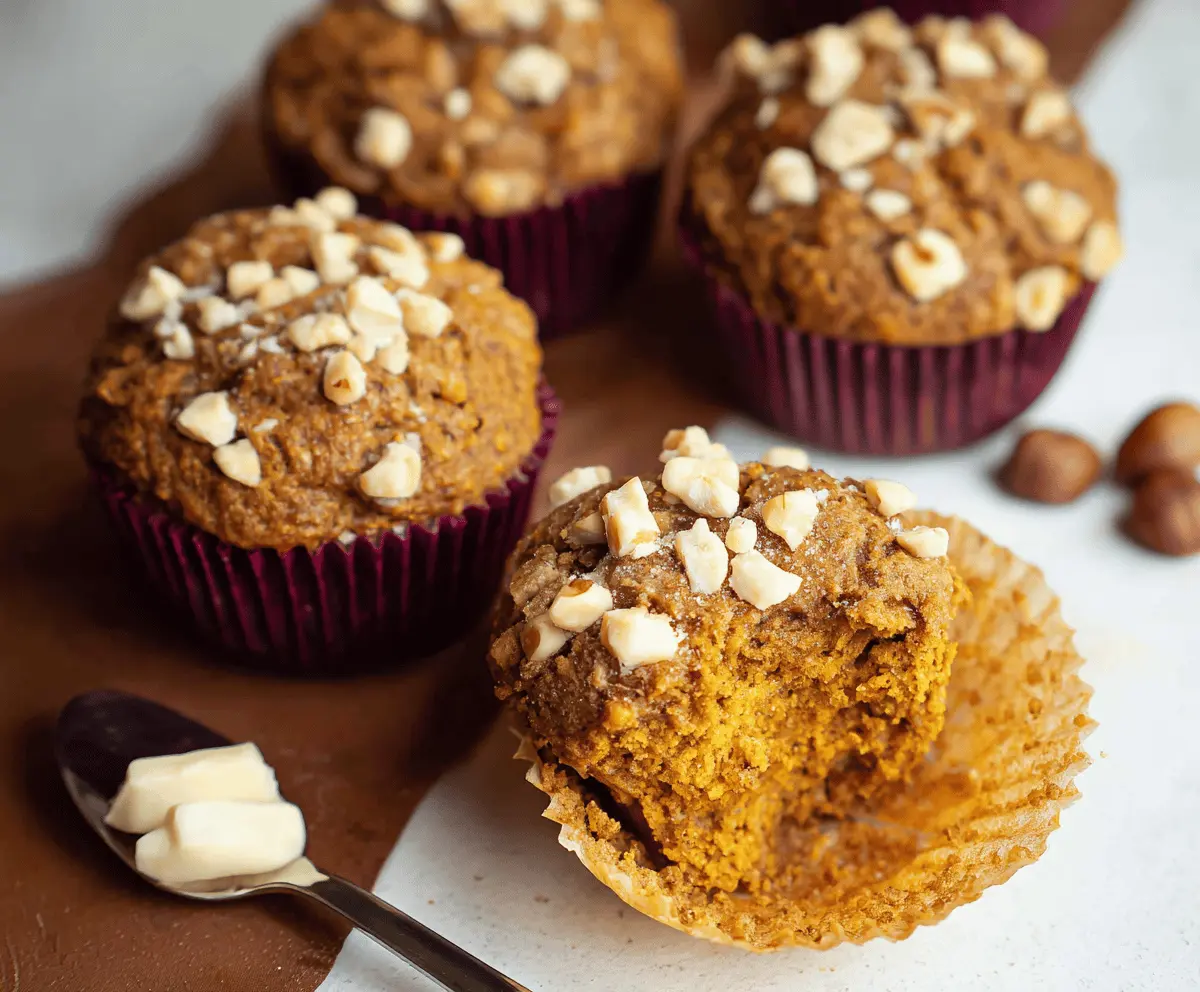Freshly baked pumpkin hazelnut muffins in a baking tin, showcasing golden-brown tops and a moist, nutty texture, perfect for fall baking.