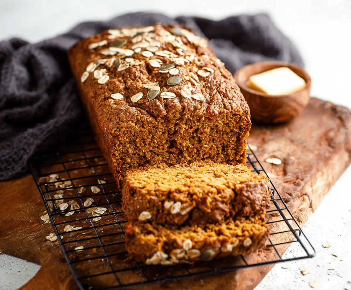Freshly sliced Pumpkin Oatmeal Bread with a golden crust and a moist, hearty interior, garnished with pumpkin seeds and served on a rustic wooden board.