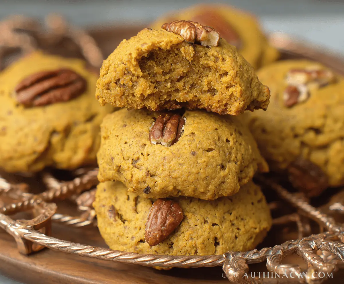 Delicious homemade pumpkin pecan cookies with a golden-brown crust and crunchy pecan topping on a rustic wooden surface