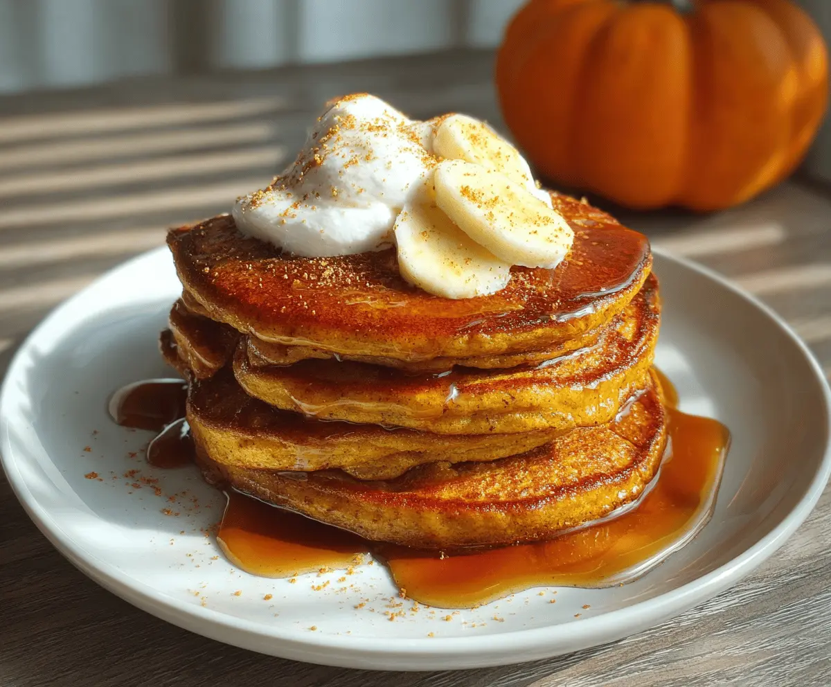 Delicious pumpkin pie spice pancakes topped with whipped cream and cinnamon, perfect for a cozy fall breakfast