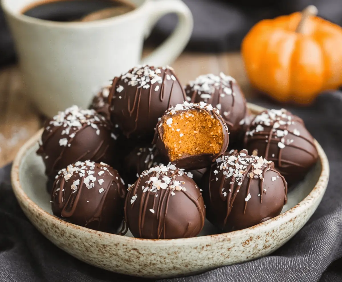 Delicious homemade Pumpkin Protein Truffles with chocolate coating on a rustic plate, perfect healthy snack for fall.