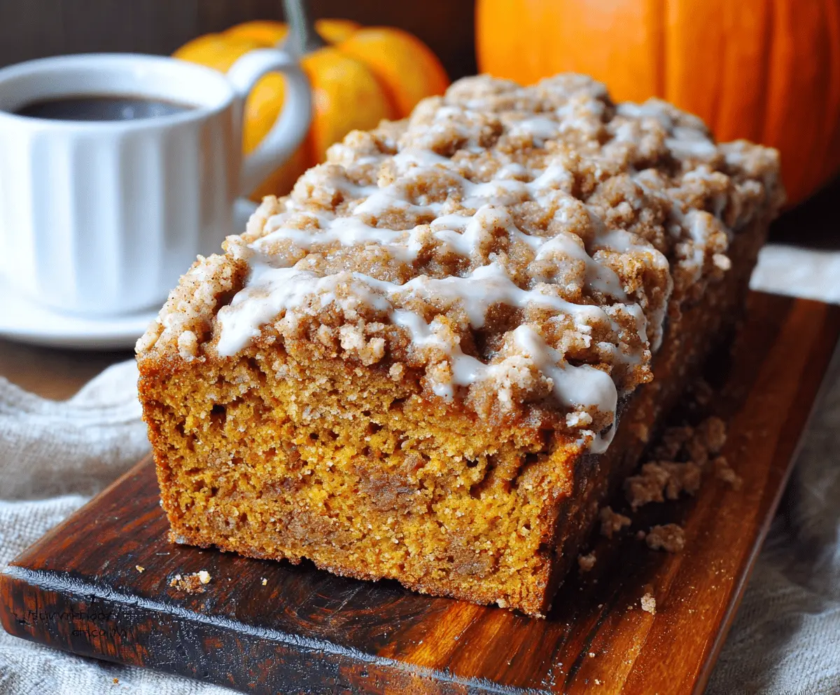 Freshly baked pumpkin streusel bread topped with crunchy streusel crumbs, perfect for fall desserts and cozy mornings.
