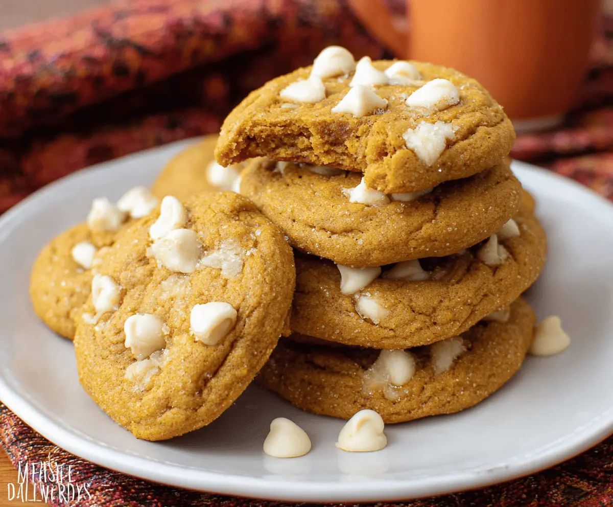 Delicious homemade Pumpkin White Chocolate Chip Cookies on a baking tray with autumn decorations, perfect for fall desserts