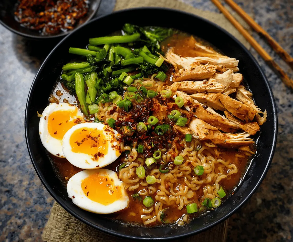 A steaming bowl of ramen chicken noodle soup with sliced chicken, soft-boiled eggs, green onions, and bamboo shoots in a flavorful broth