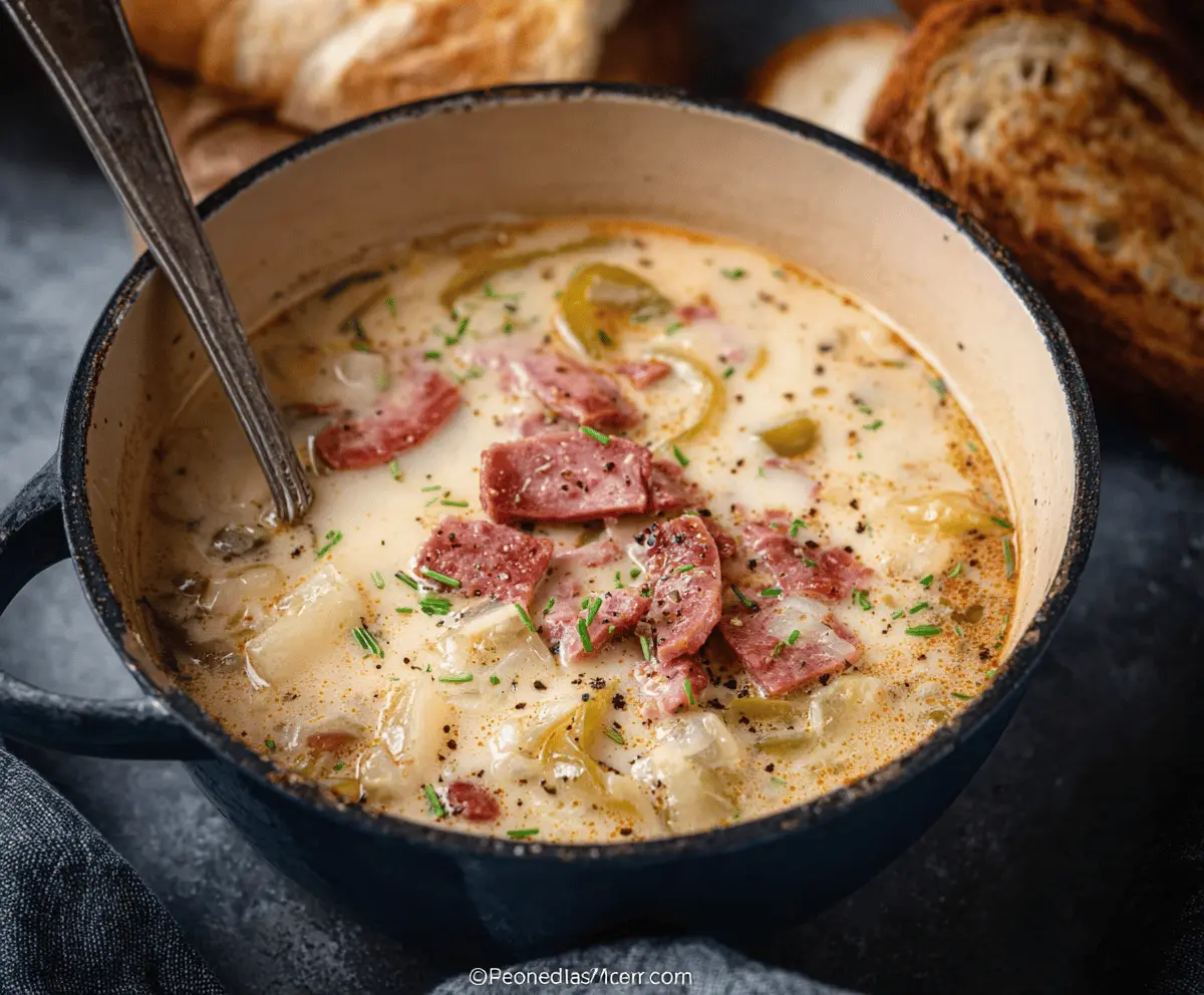 Creamy Reuben Soup with corned beef, sauerkraut, Swiss cheese, and rye bread croutons in a bowl