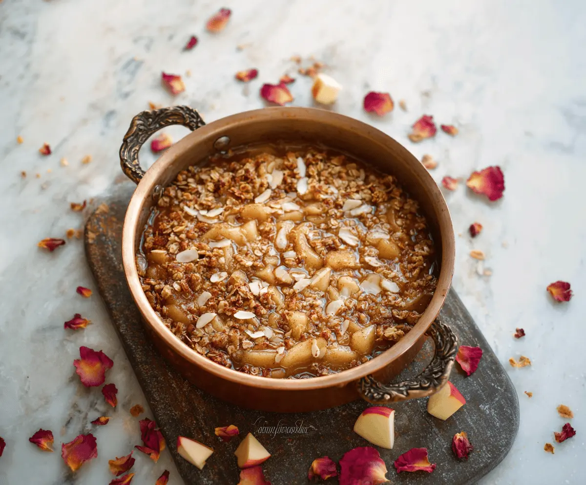 Delicious Rose Water Apple Crisp topped with golden-brown crumble, served in a white ceramic dish, garnished with fresh mint leaves