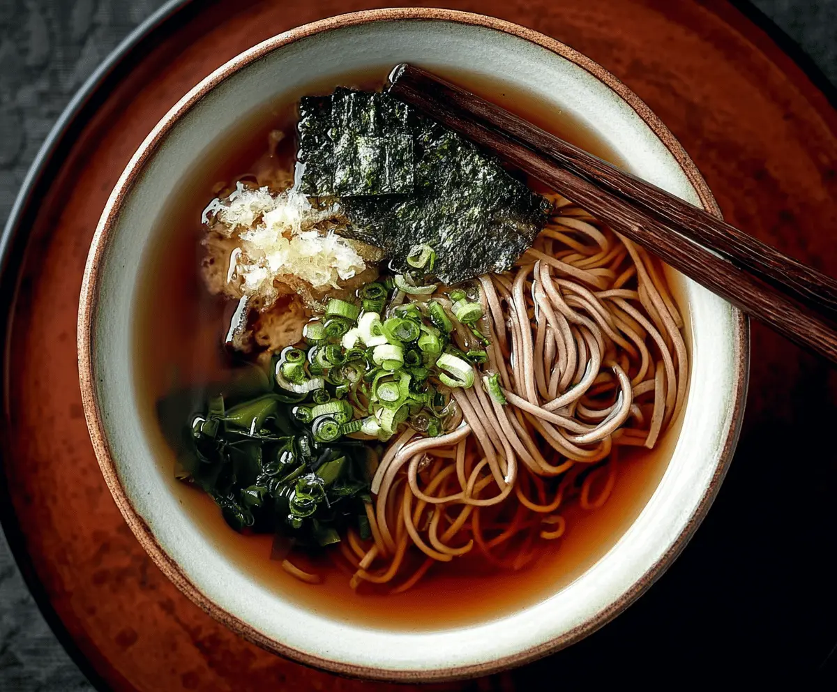 A steaming bowl of Soba Noodle Soup topped with sliced green onions, seaweed, and soft-boiled egg in a flavorful broth, served in a white ceramic bowl.