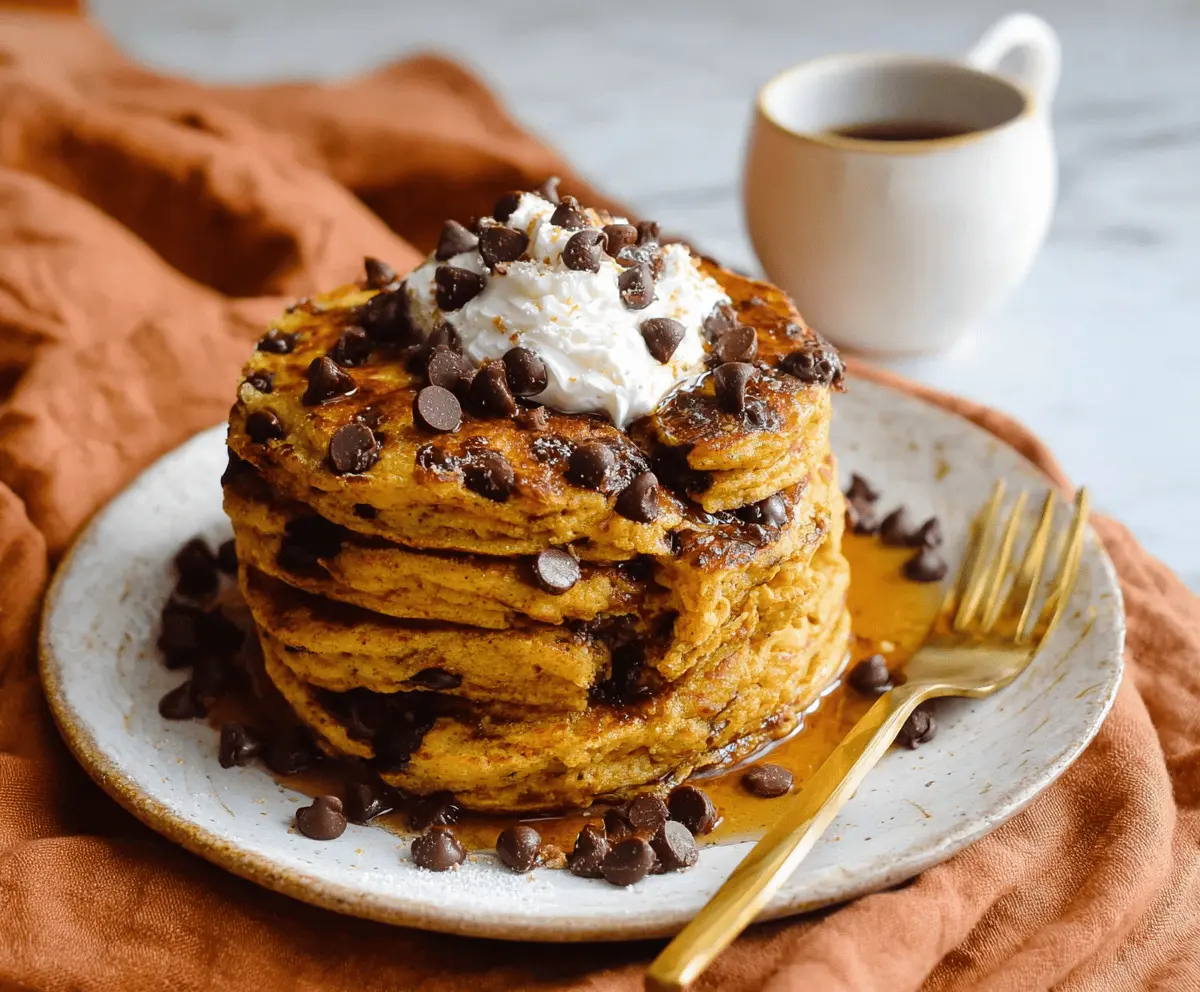 Delicious spiced pumpkin chocolate chip pancakes topped with whipped cream and cinnamon, perfect for a cozy breakfast