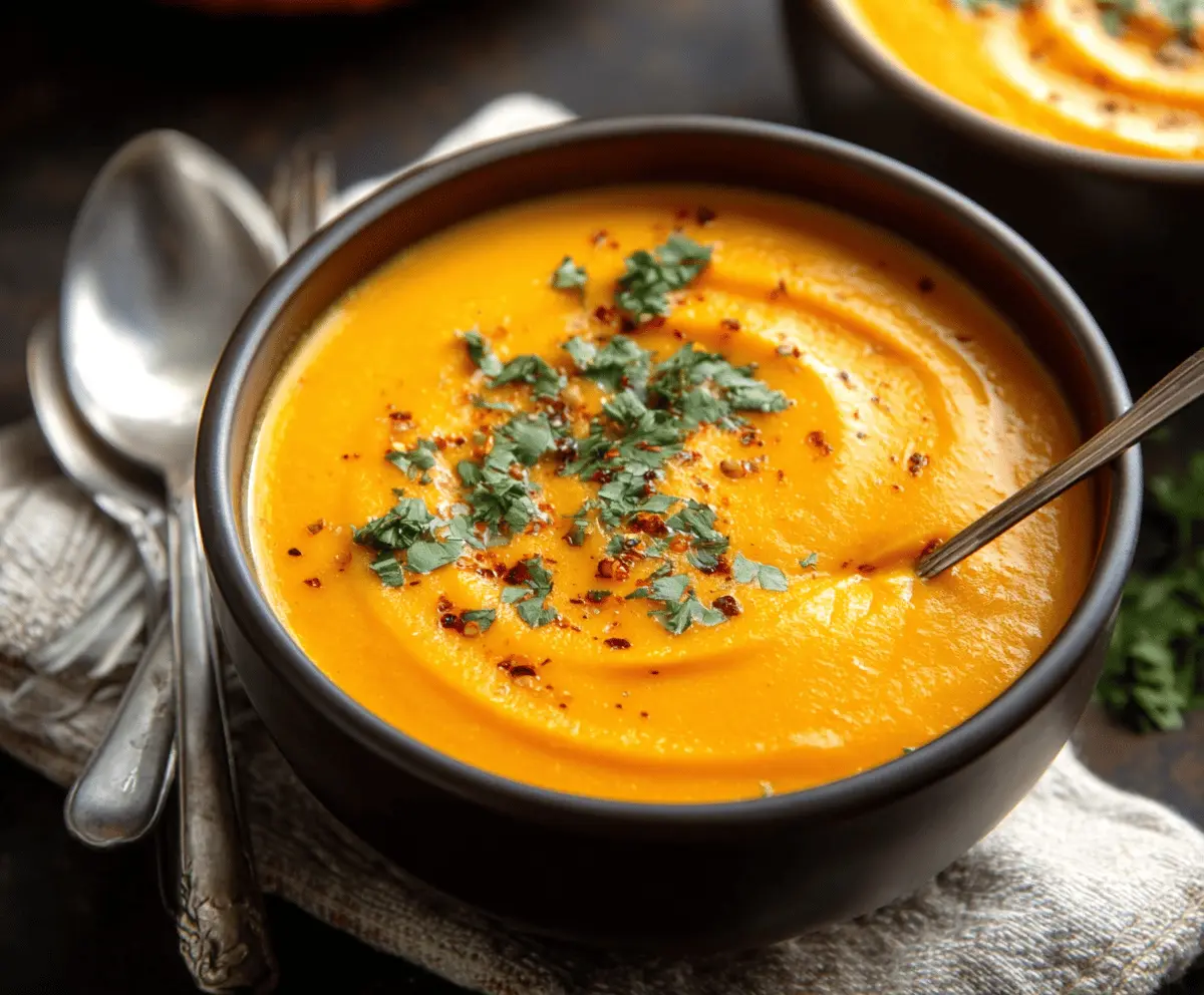 Creamy Spicy Butternut Squash and Sweet Potato Soup served in a bowl with garnishes, perfect for a cozy winter meal.
