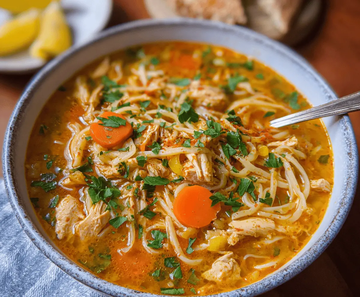 A steaming bowl of spicy chicken noodle soup with tender chicken, vibrant vegetables, and garnished with fresh herbs, served in a white bowl on a rustic wooden table.