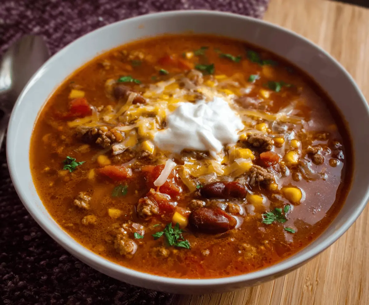 A bowl of spicy taco soup garnished with fresh cilantro, shredded cheese, and lime wedges, served with tortilla chips on the side.