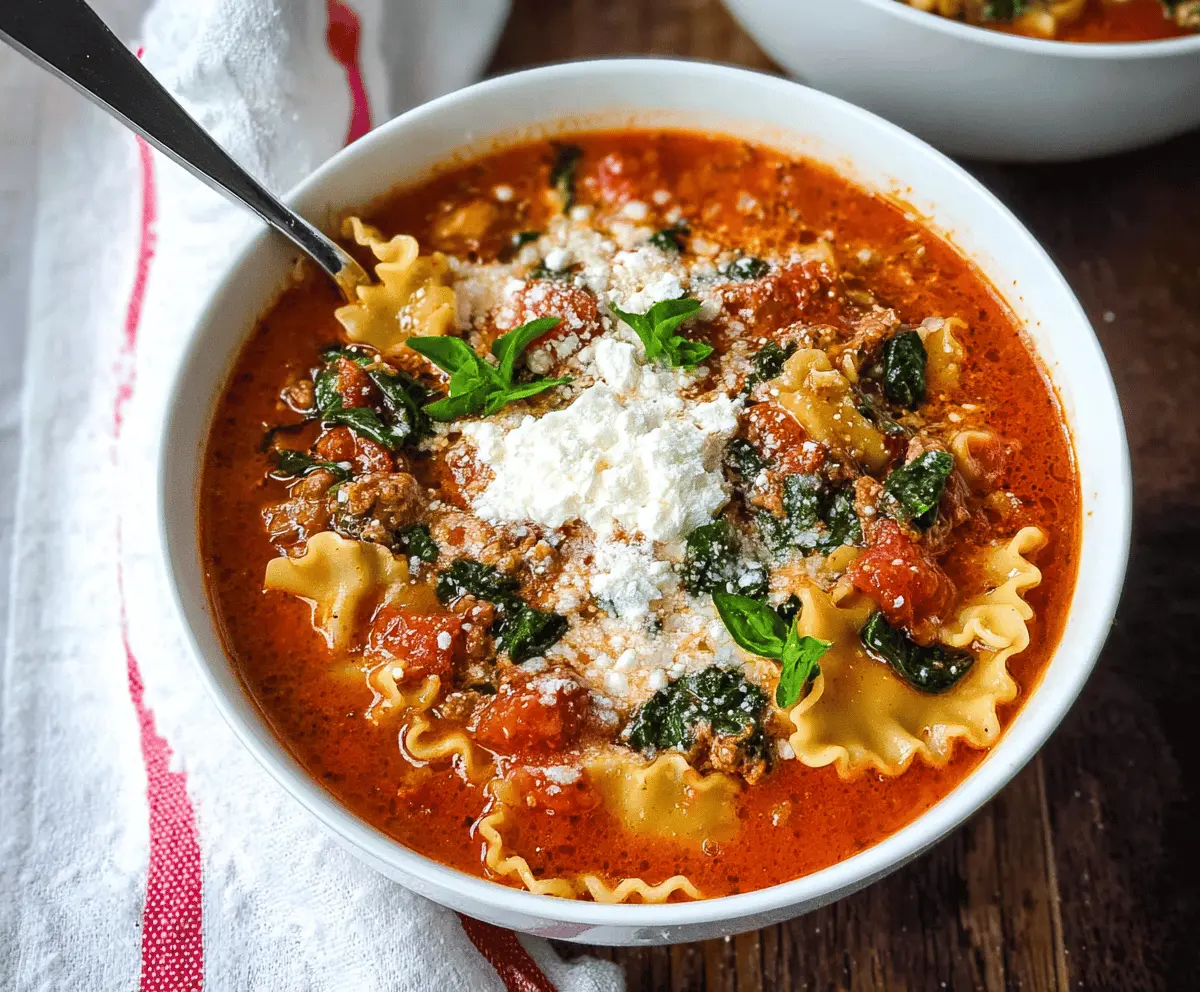 Creamy spinach and ricotta lasagna soup topped with melted cheese and fresh herbs in a bowl