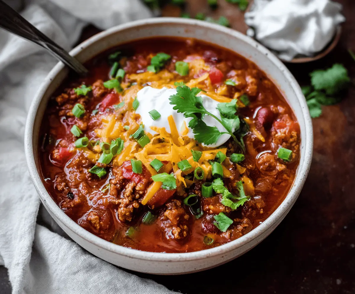 Delicious taco chili served in a bowl with ground beef, beans, and melted cheese topped with fresh cilantro and sliced jalapenos
