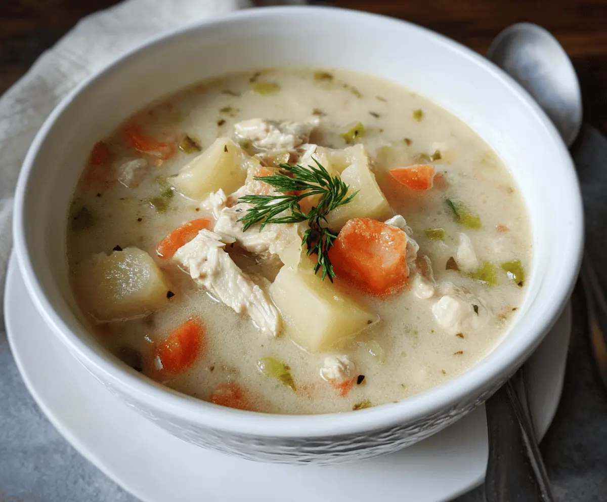 A warm bowl of Turkey Potato Soup garnished with chopped herbs, featuring tender turkey chunks, creamy potatoes, and vegetables in a savory broth
