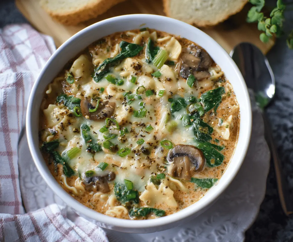 Creamy vegetarian lasagna soup with ricotta cheese, spinach, and melted mozzarella in a bowl, garnished with fresh basil