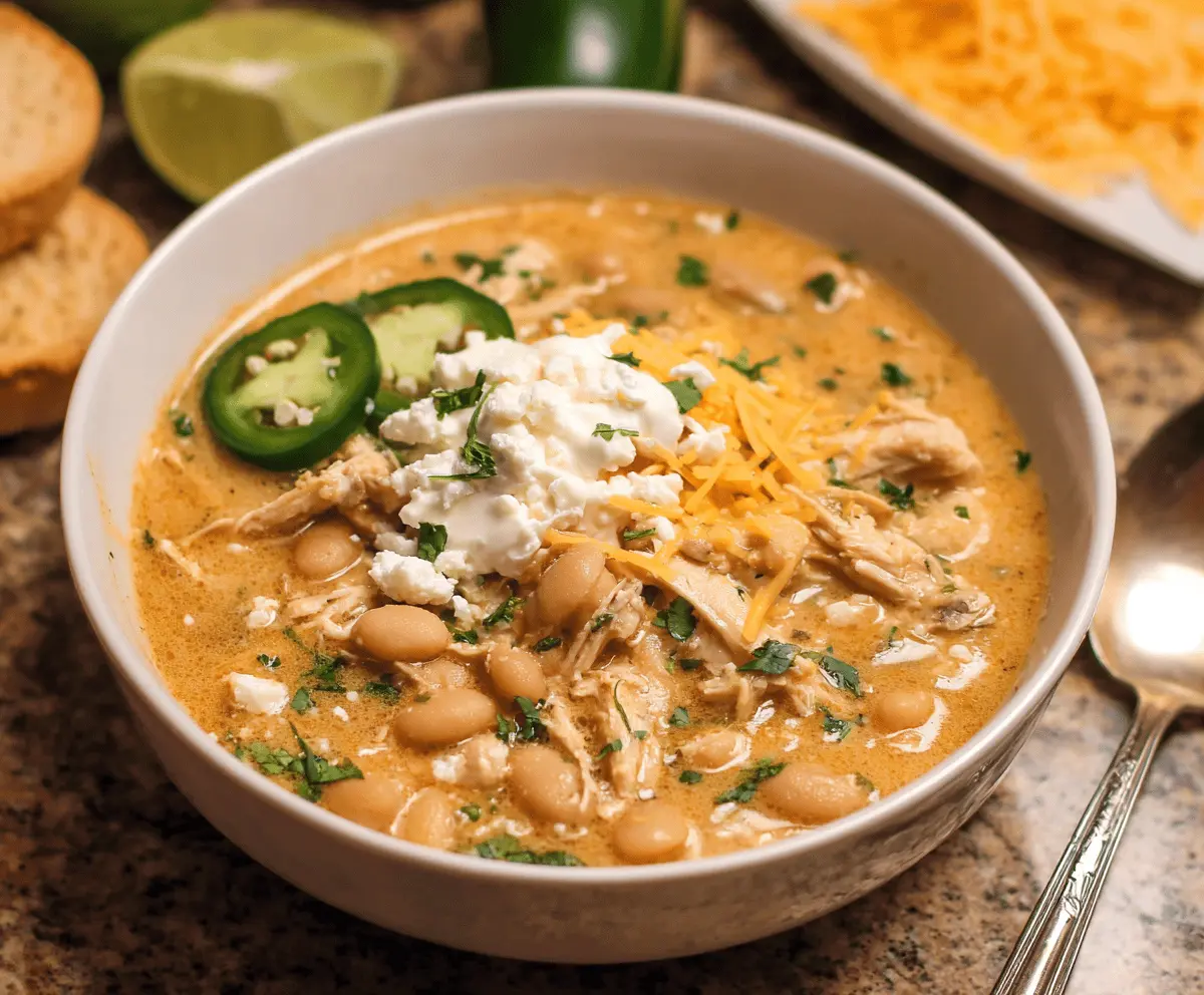 Creamy white chicken chili topped with fresh herbs and shredded cheese in a white bowl, served with tortilla chips on the side.
