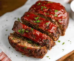 Delicious homemade air fryer meatloaf served on a plate with fresh vegetables, crispy edges, and savory glaze perfect for a quick and easy dinner.