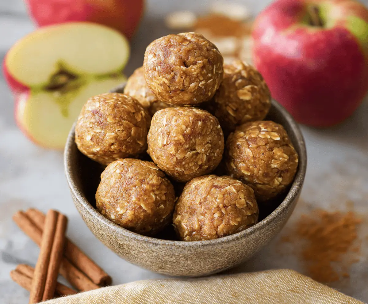 Delicious homemade apple cinnamon pumpkin protein balls on a white plate, healthy snack with fall flavors and high protein content