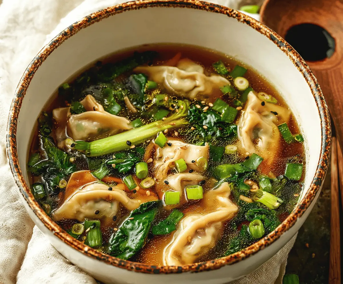 A bowl of steaming Asian Dumpling Potsticker Soup with golden-brown dumplings, fresh green vegetables, and aromatic broth, served in a ceramic bowl.