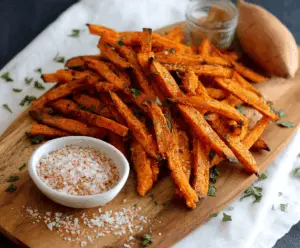 Crispy baked sweet potato fries on a white plate with herbs, served as a healthy snack or side dish