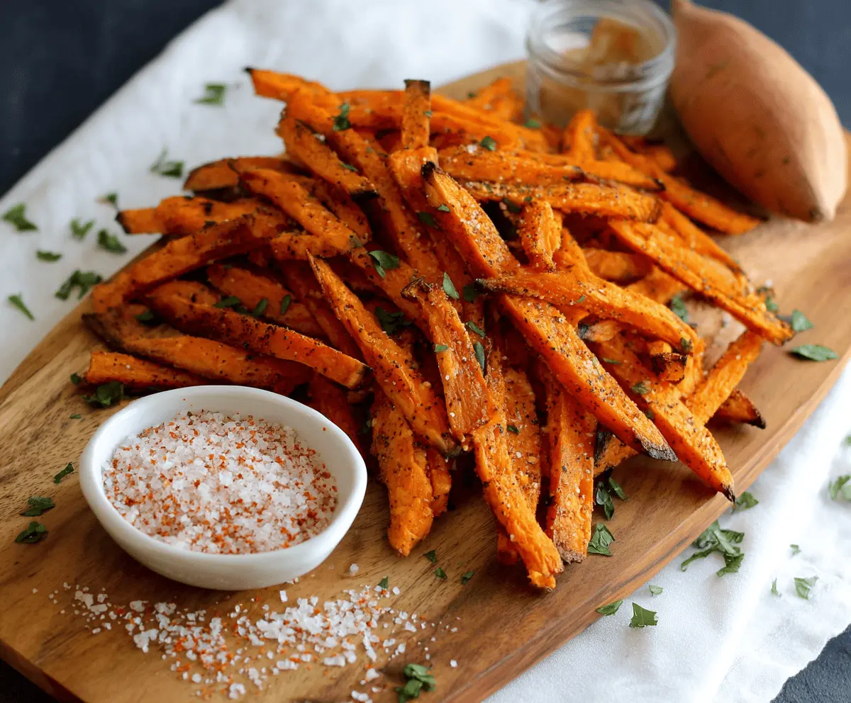 Crispy baked sweet potato fries on a white plate with herbs, served as a healthy snack or side dish