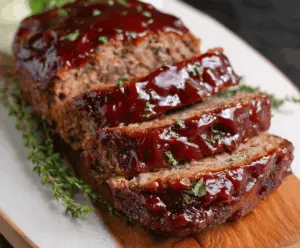 Juicy BBQ glazed meatloaf served on a plate with fresh vegetables, perfect for a savory dinner recipe