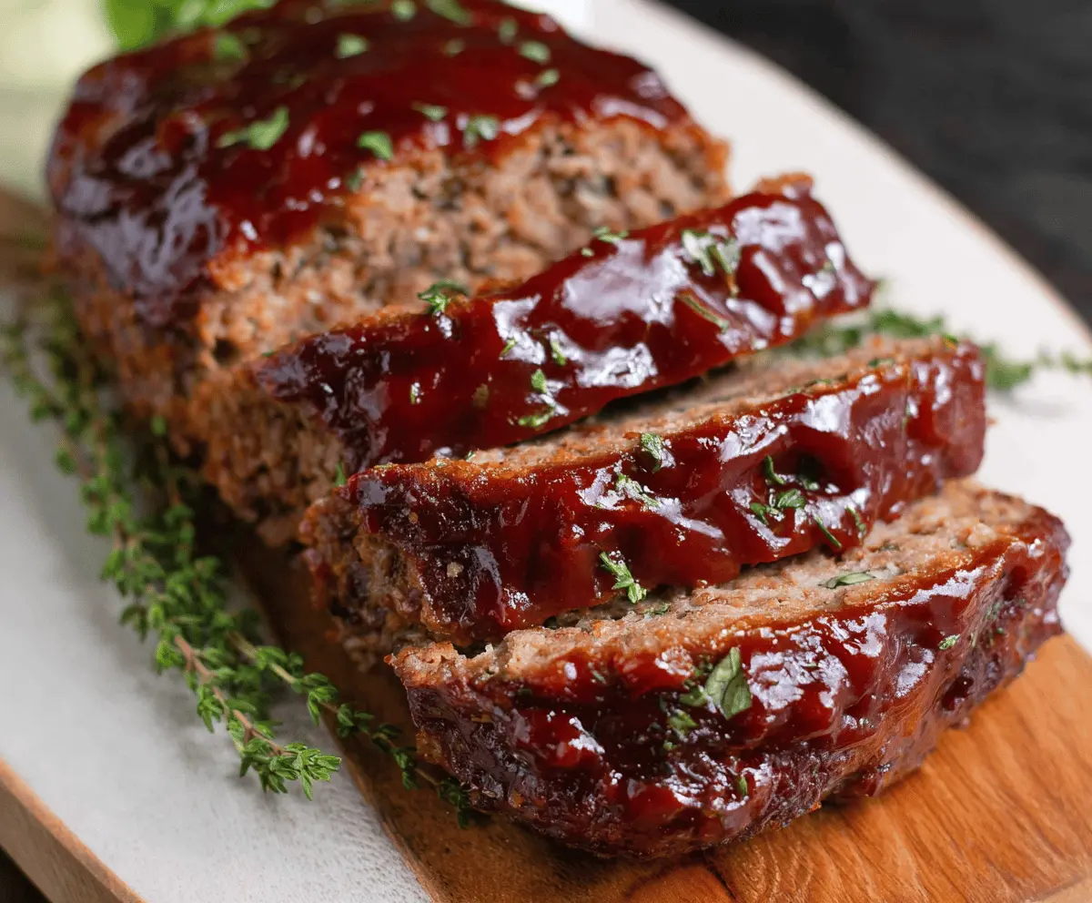 Juicy BBQ glazed meatloaf served on a plate with fresh vegetables, perfect for a savory dinner recipe