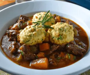 Hearty beef stew with golden homemade dumplings served in a rustic bowl, showcasing tender meat and vegetables in a rich gravy