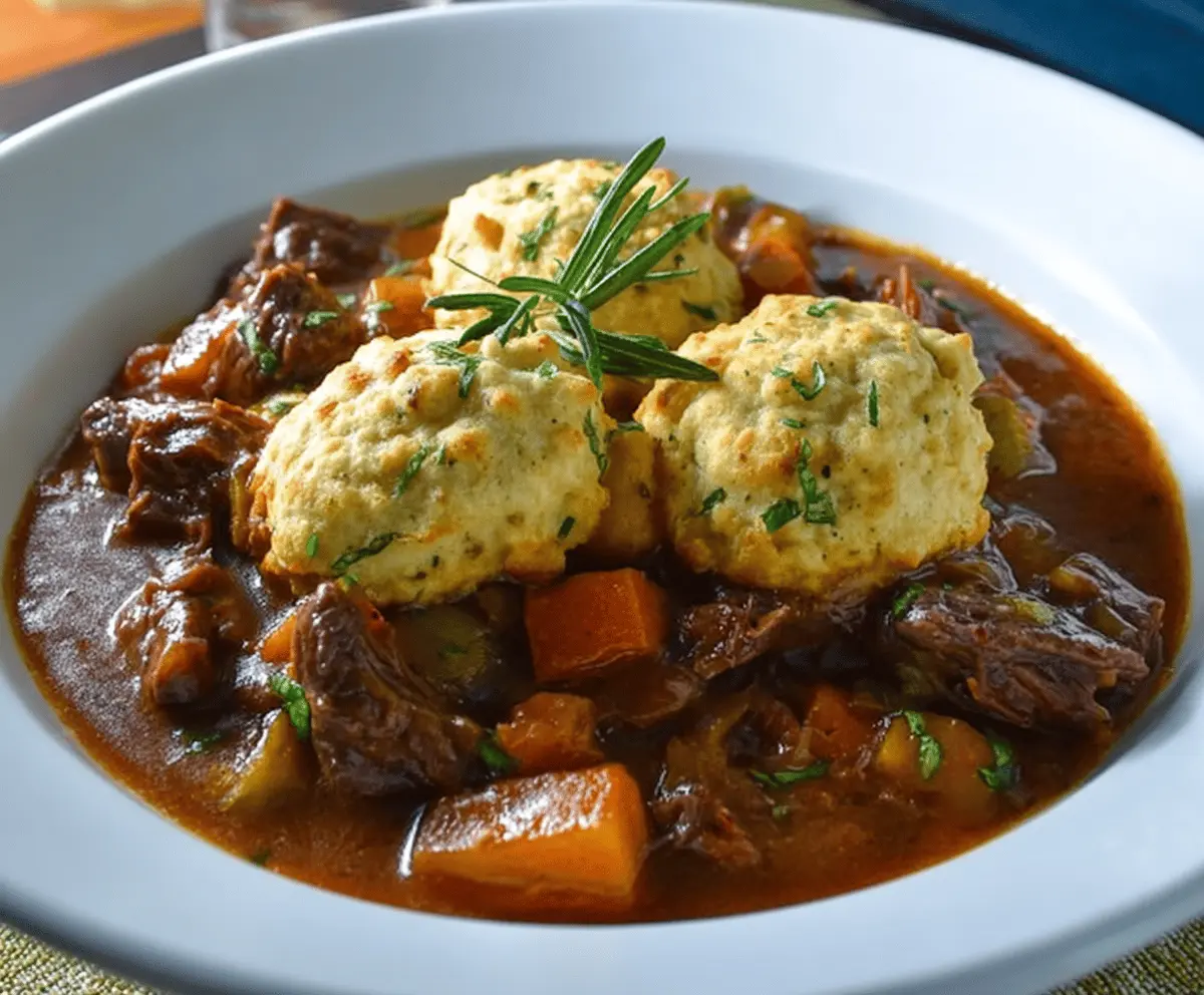 Hearty beef stew with golden homemade dumplings served in a rustic bowl, showcasing tender meat and vegetables in a rich gravy