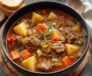 Hearty beef stew with tender beef chunks, carrots, potatoes, and vegetables in a flavorful broth served in a rustic bowl.
