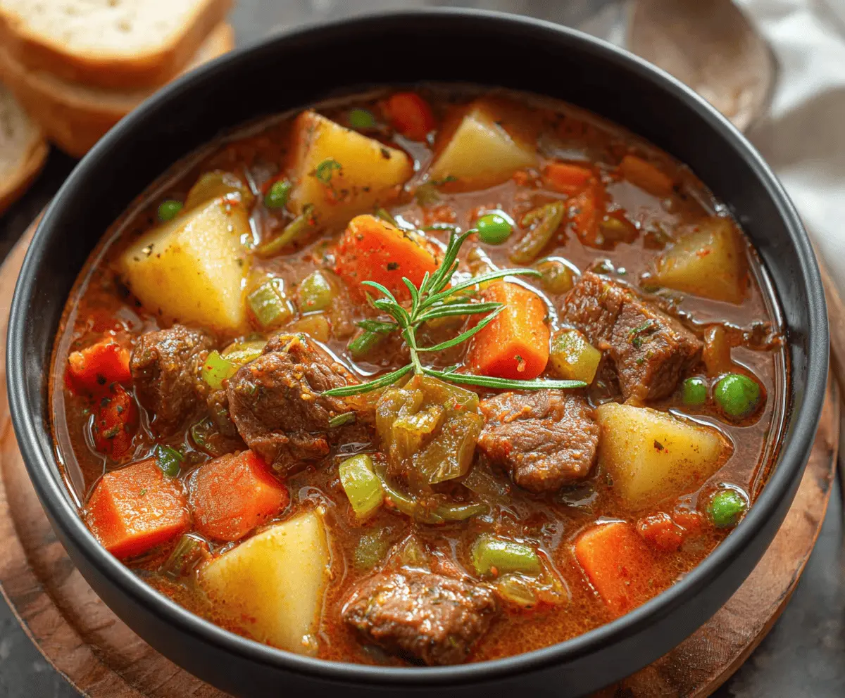 Hearty beef stew with tender beef chunks, carrots, potatoes, and vegetables in a flavorful broth served in a rustic bowl.