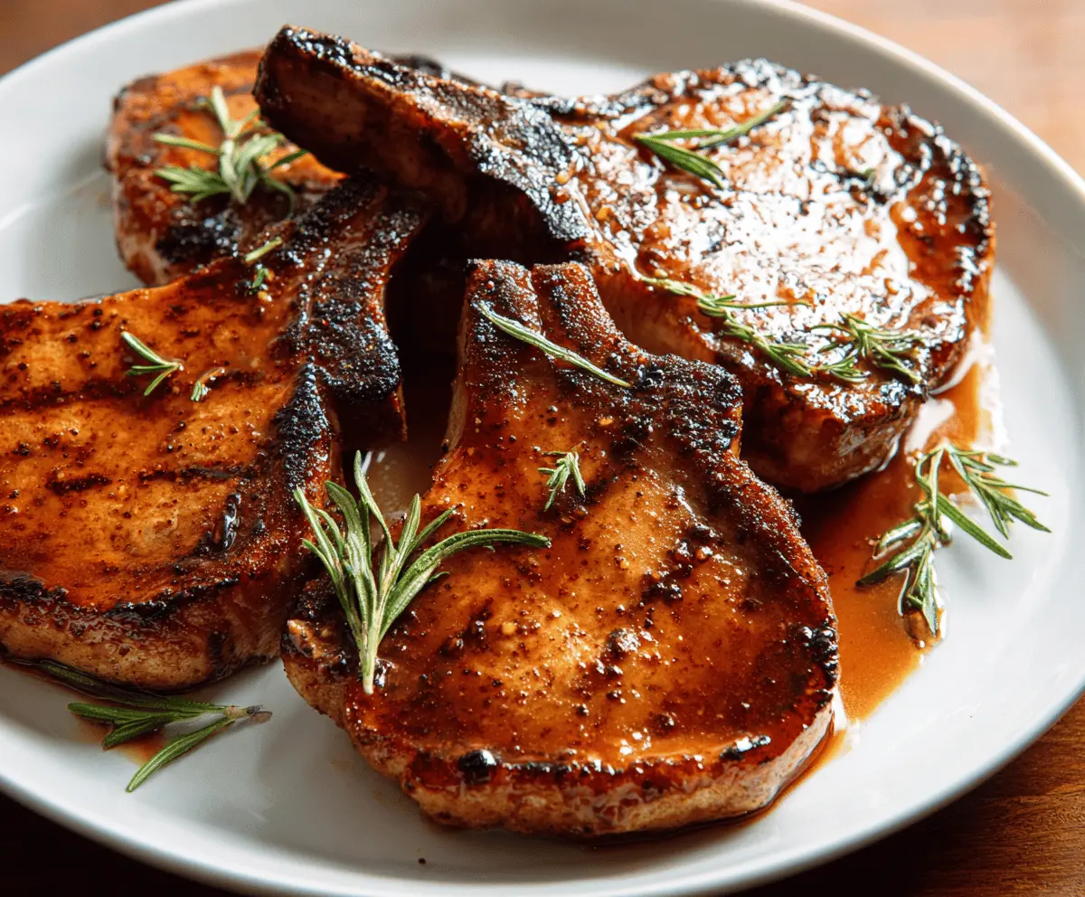 Juicy brown sugar glazed pork chops served with roasted vegetables on a white plate