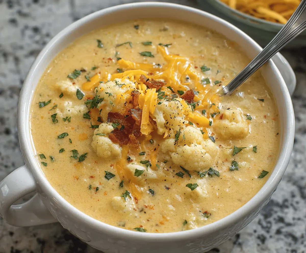 Creamy cheddar cauliflower soup served in a bowl with fresh herbs, perfect for a comforting and healthy meal.