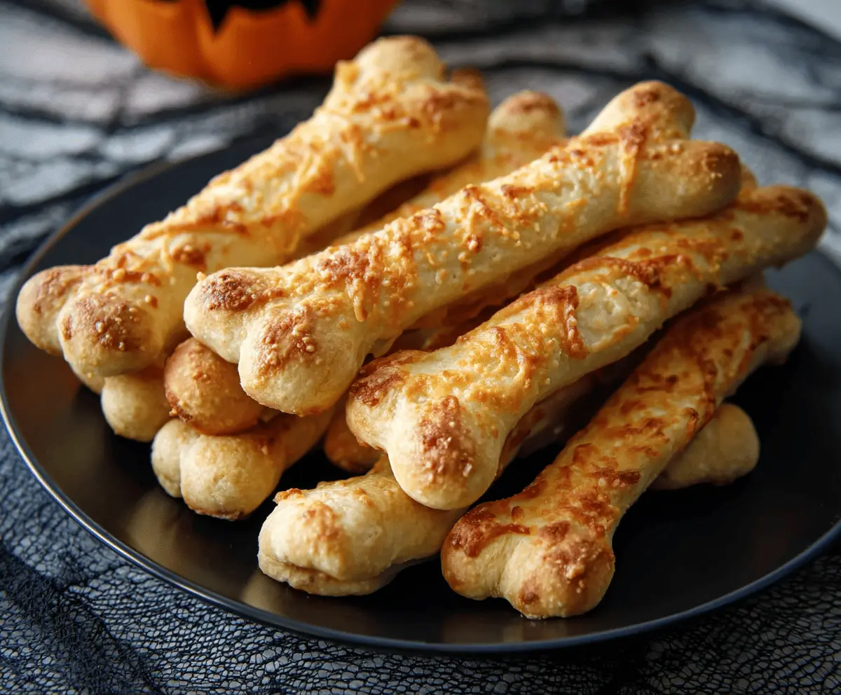 Cheesy Halloween breadstick bones on a spooky themed plate, perfect for Halloween party snacks